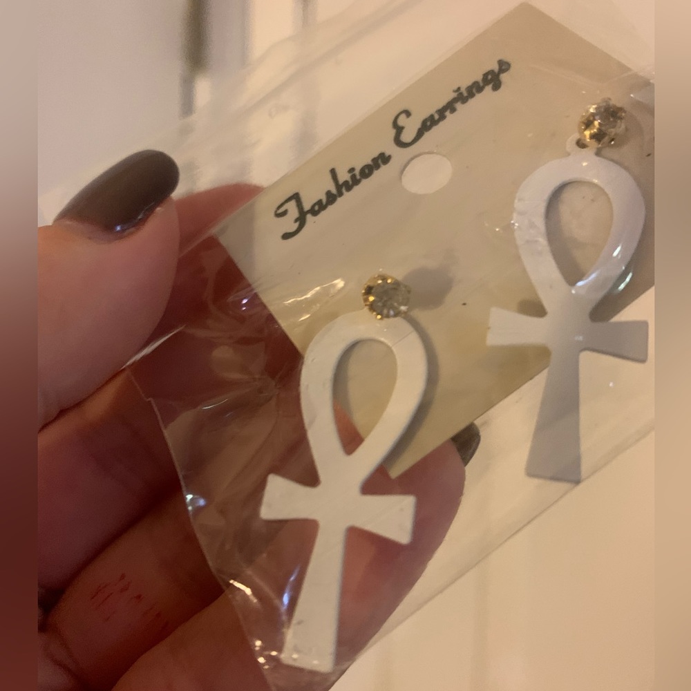 White Egyptian ankh statement earrings with gem and backs